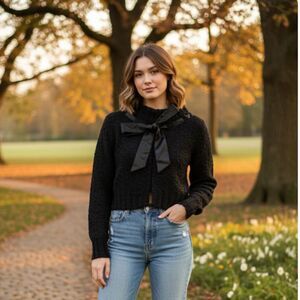 Kenzie Whimsical Black Mohair Front Bow Tie Cardigan Shrug XS